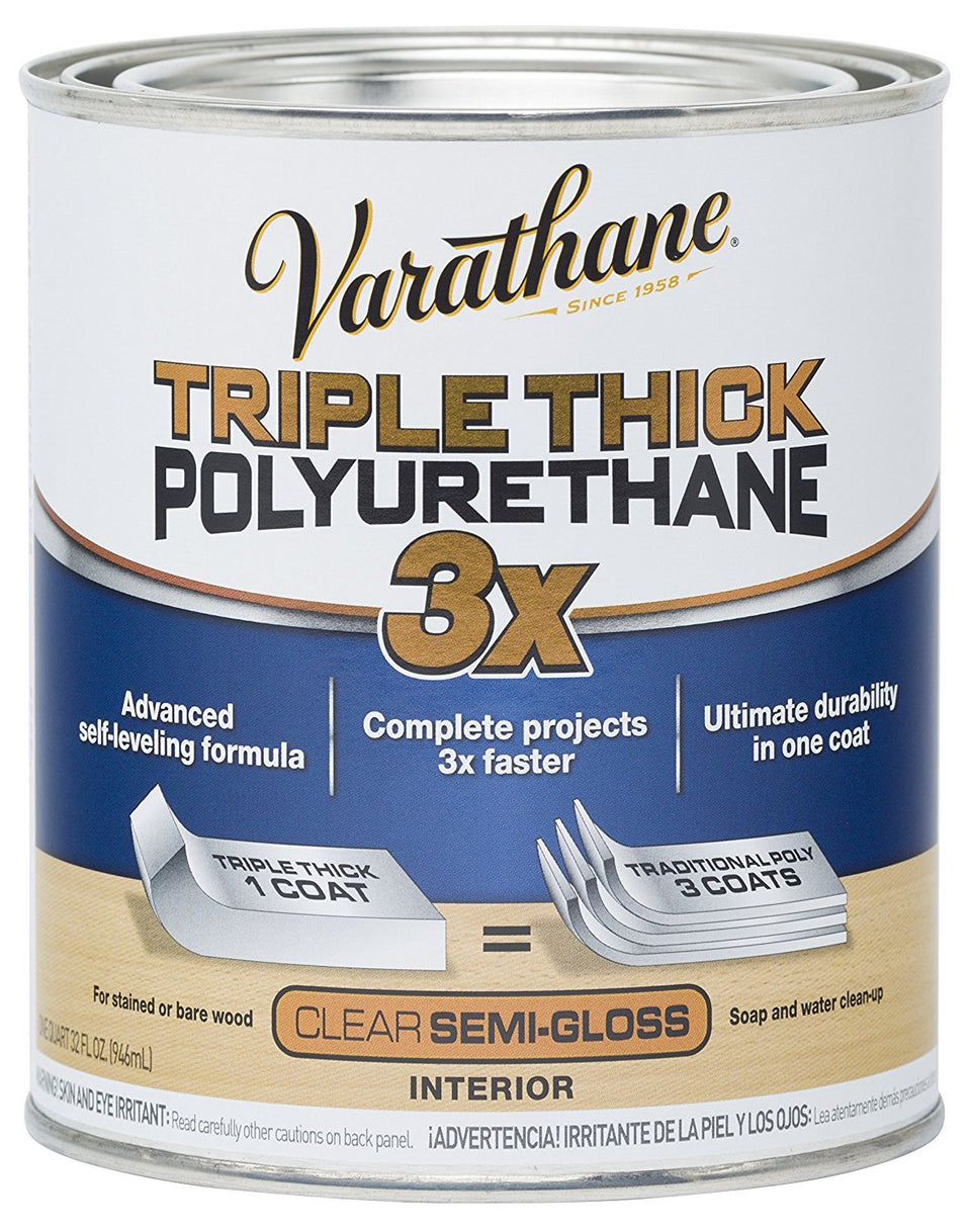Varathane Triple Thick Polyurethane self-leveling finish on a quart bottle protects interior wood with scratch resistance.