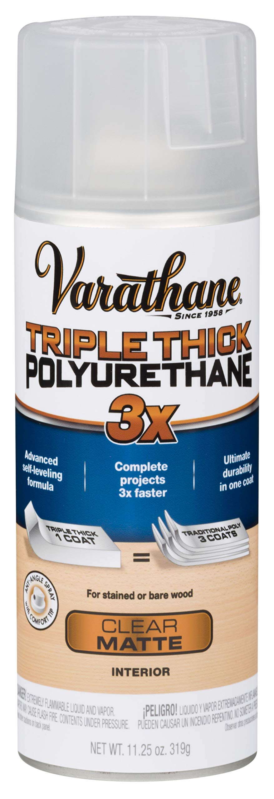 Varathane Triple Thick Polyurethane Spray can delivering a smooth matte finish for interior wood.