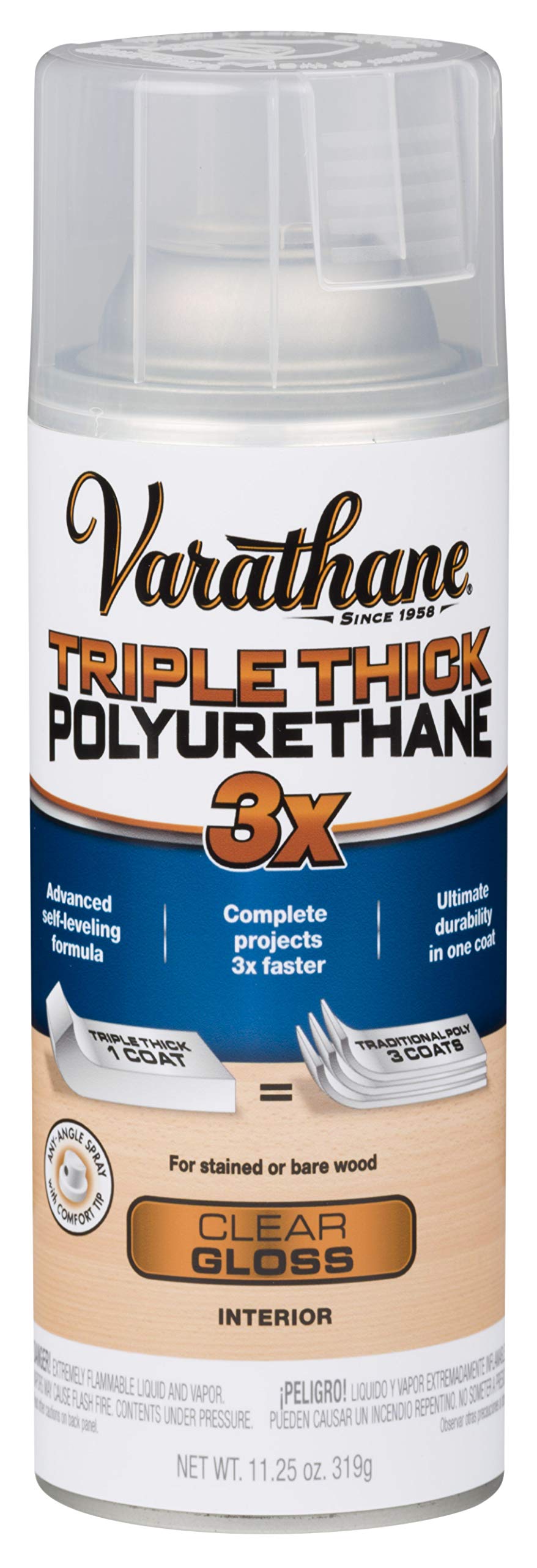 Varathane Triple Thick spray finishes wood with a durable glossy coat for furniture and trim