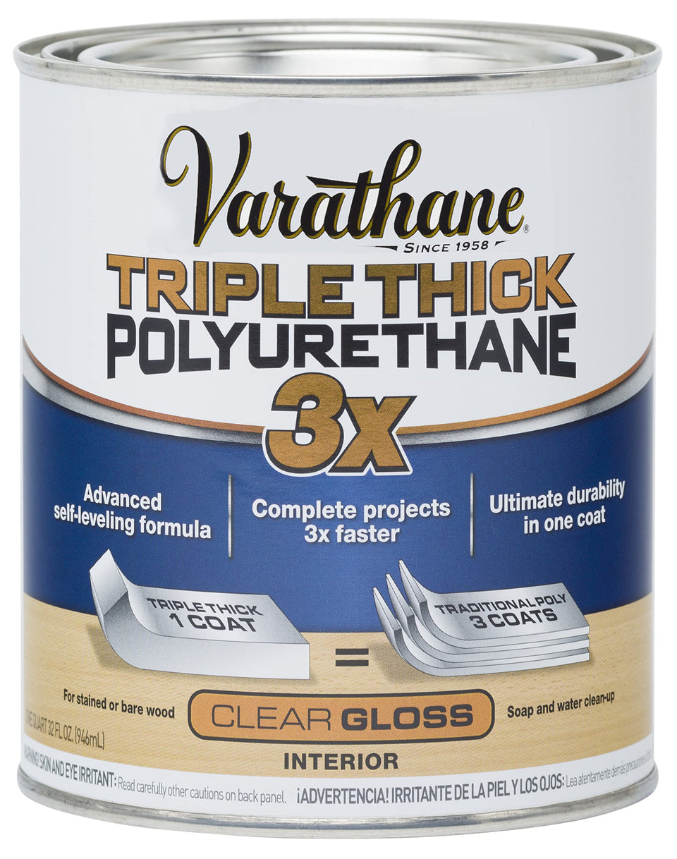 Varathane Triple Thick bottle pour shows self-leveling formula for quick, smooth coating.