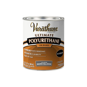 Varathane Ultimate Polyurethane bottle provides a clear protective coating for wood surfaces