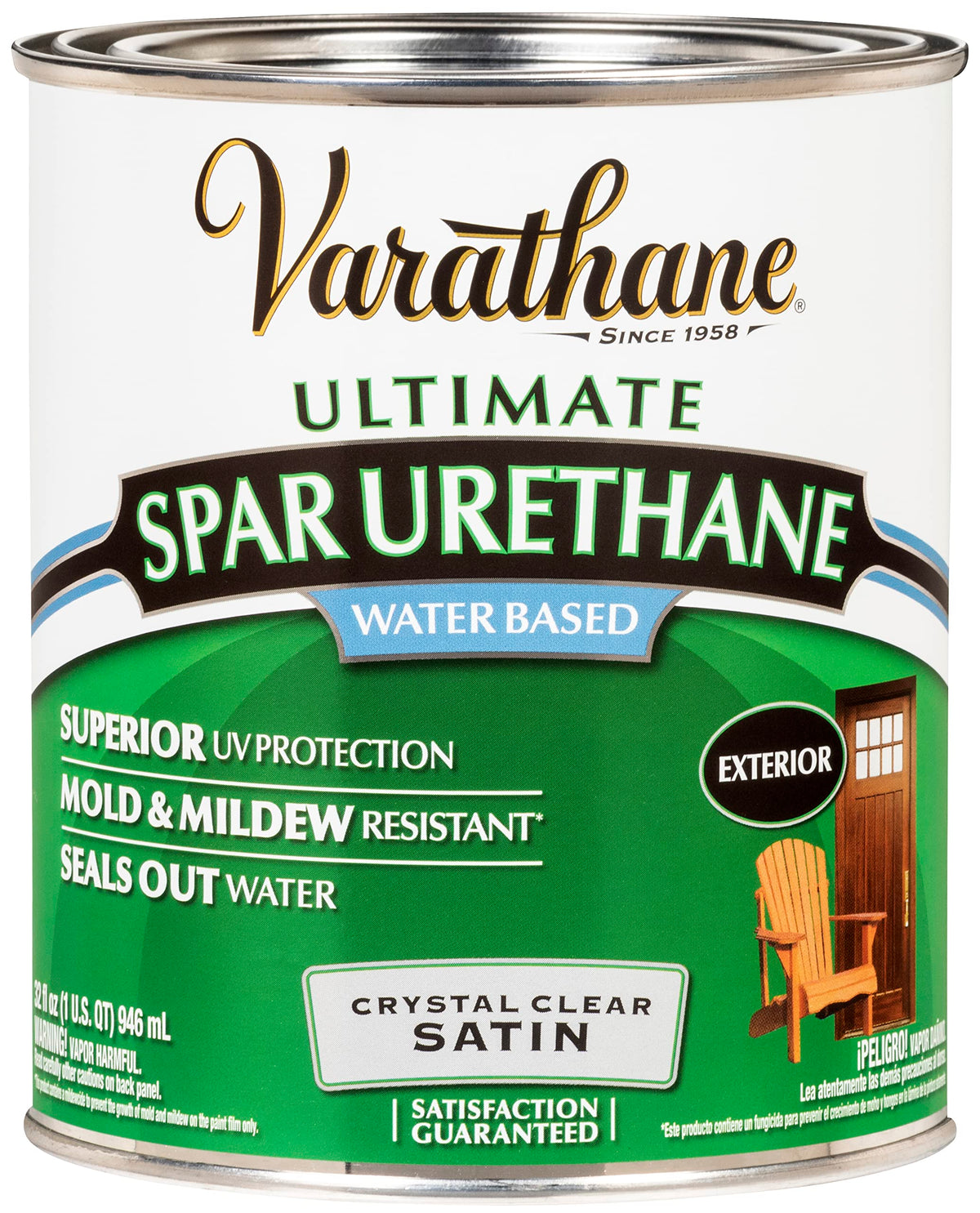 Varathane Ultimate Spar Urethane crystal-clear satin finish for outdoor wood protection.