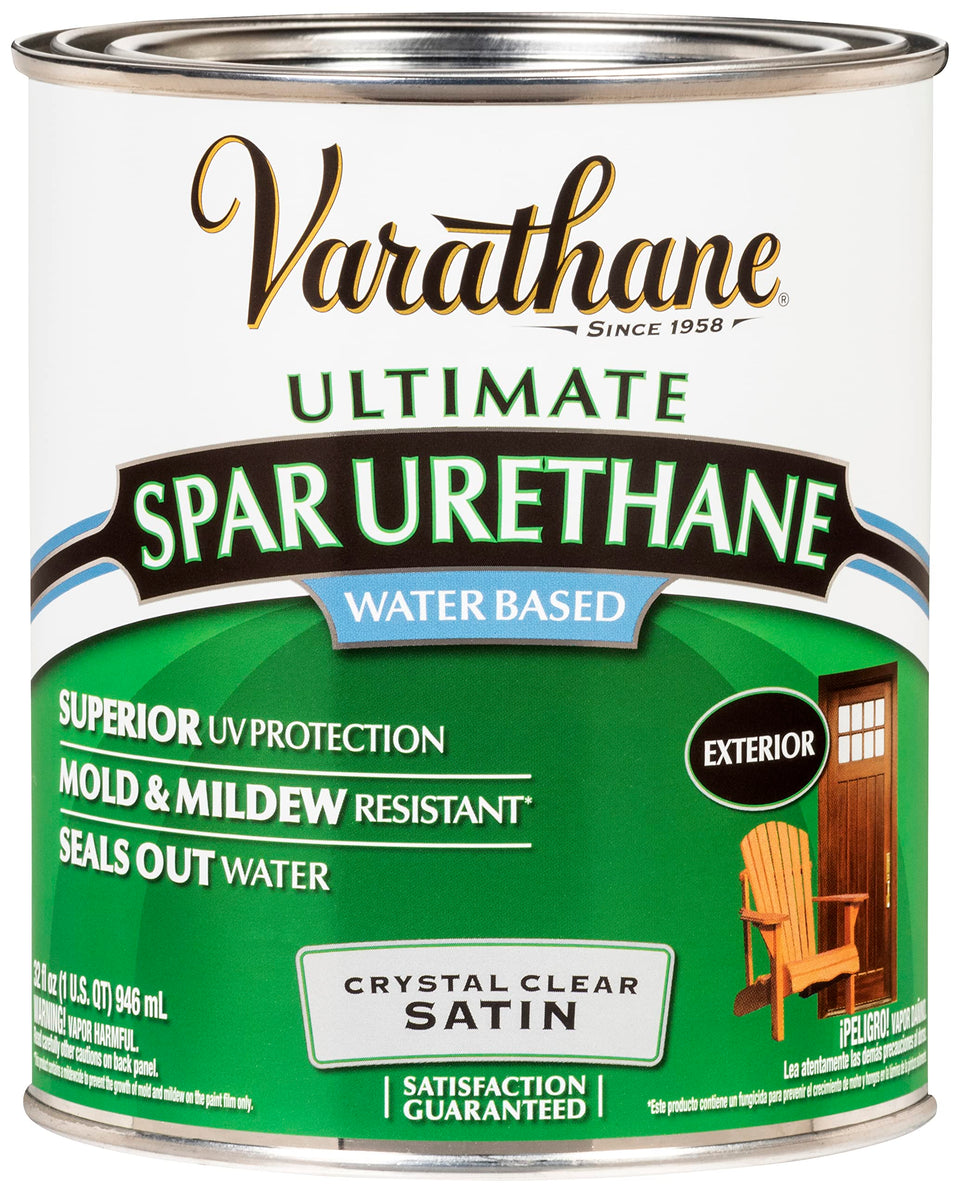 Varathane Ultimate Spar Urethane crystal-clear satin finish for outdoor wood protection.