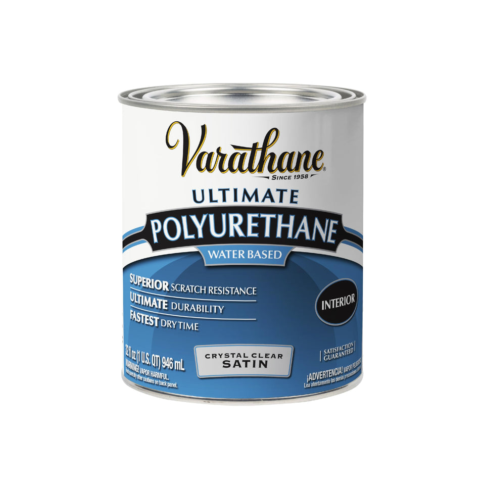 Varathane Ultimate bottle close-up highlighting crystal clarity for interior wood protection.