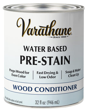 Varathane water-based pre-stain conditioner bottle ready to prep wood for even color.