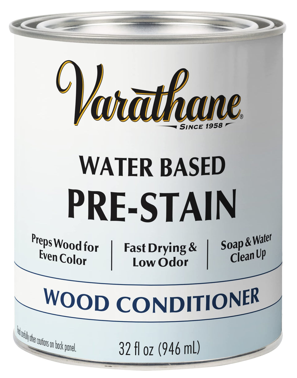 Varathane water-based pre-stain conditioner bottle ready to prep wood for even color.
