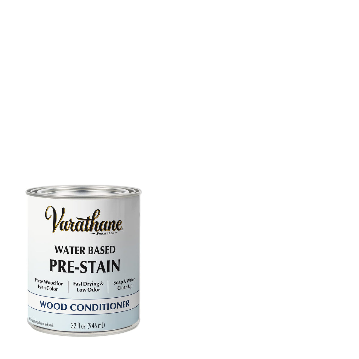 Varathane conditioner label close-up shows low odor blotch prevention on wood.