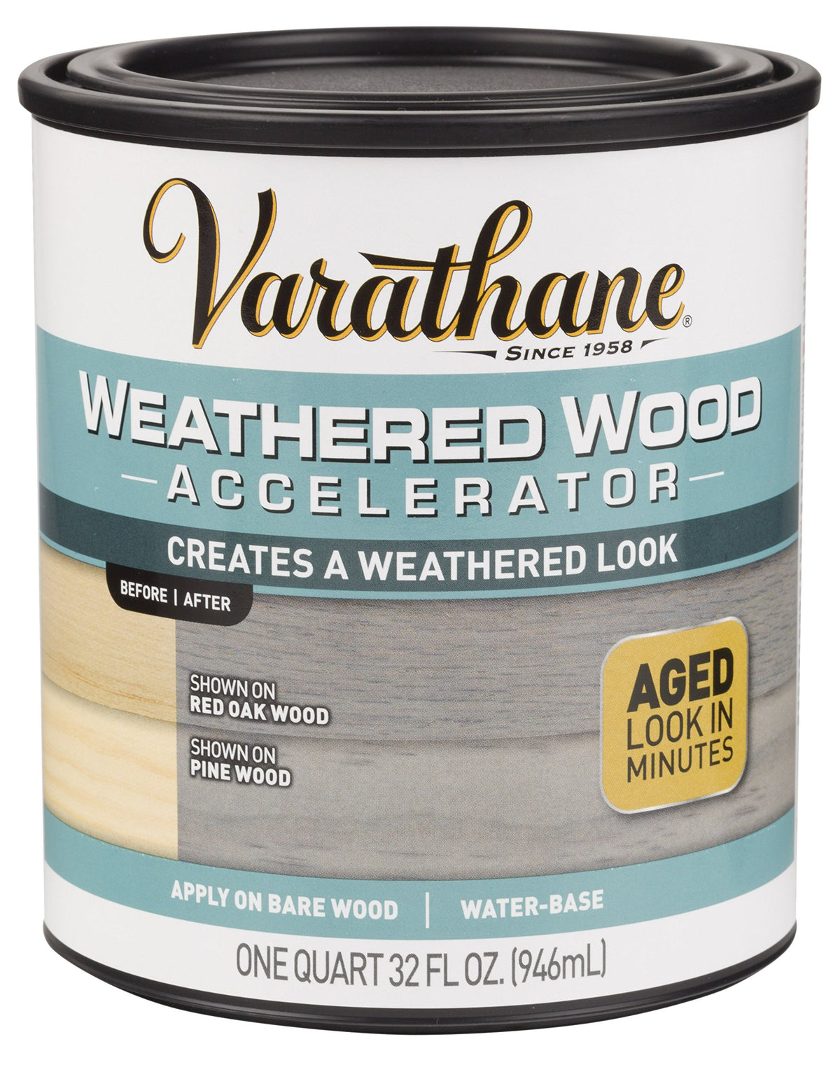 Varathane Weathered Wood Accelerator gray bottle for easy, low-odor weathered look on bare wood.