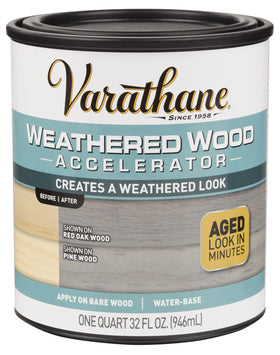 Varathane Weathered Wood Accelerator gray bottle for easy, low-odor weathered look on bare wood.