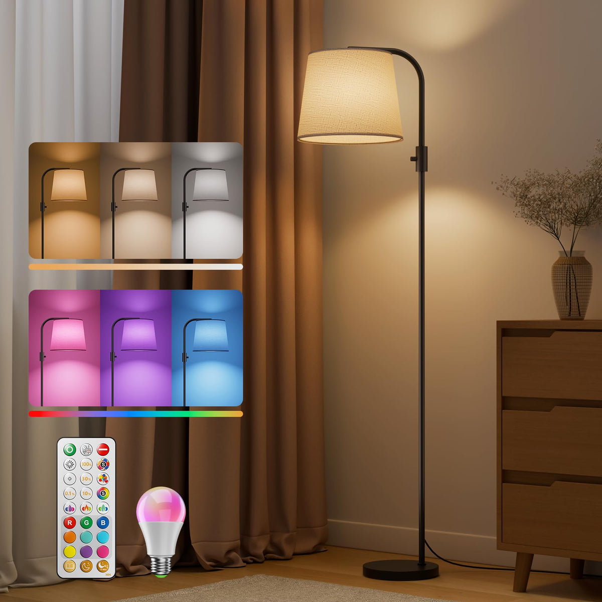 VARICART dimmable arc floor lamp with RGB-CW bulb included for flexible color mood
