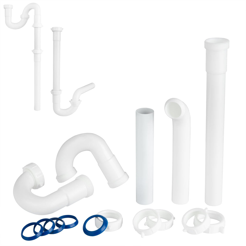 Variimage bathroom sink drain kit overview showing universal compatibility for 1-1/4" drains