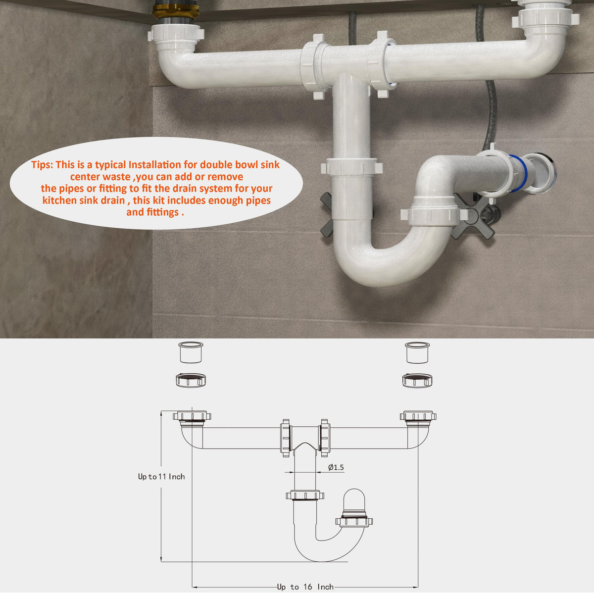 Variimage dishwasher tailpiece included for seamless appliance hookups