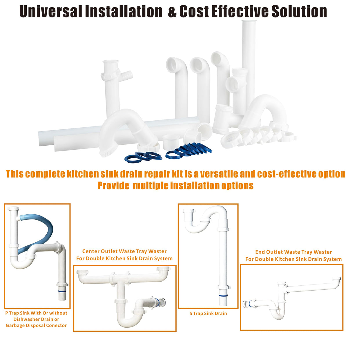 Variimage kitchen sink drain kit end outlet tee supports wall or floor drains