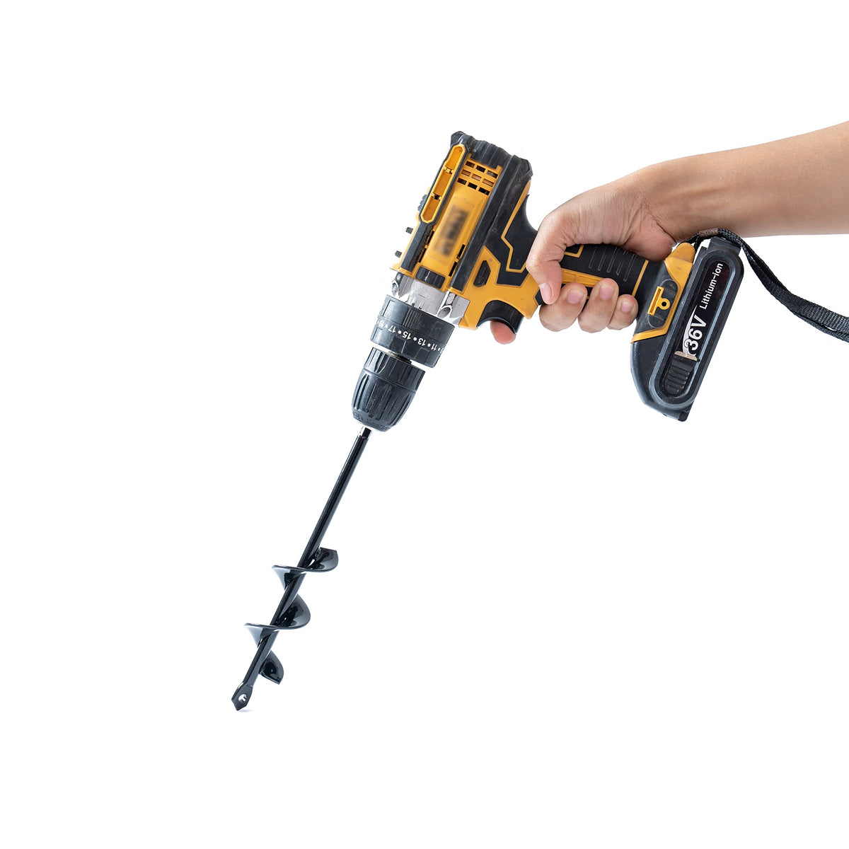 VASGOR cordless drill-compatible auger speeds up planting tasks.