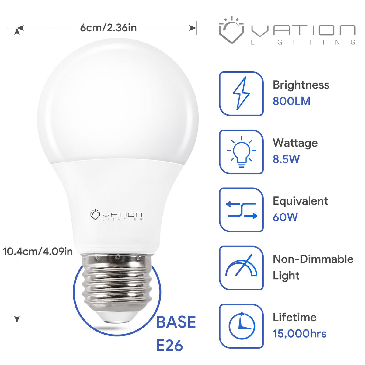 VATION LIGHTING A19 LED bulb with E26 base; easy replacement view.