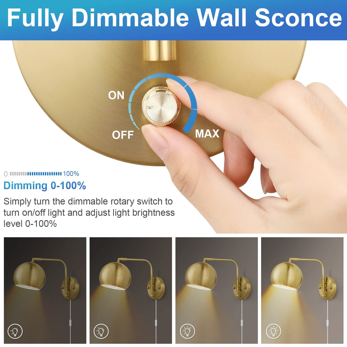 VATONI wall sconce in brushed brass, globe design, and plug-in cord.