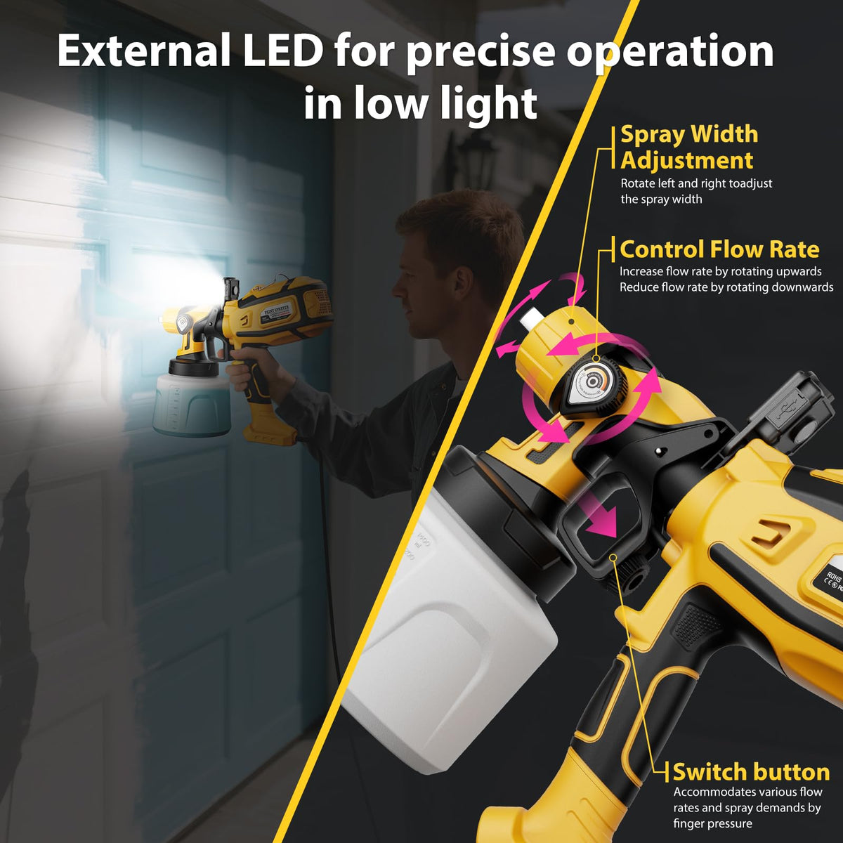VAVCURAA paint sprayer LED light for precise spraying in dim spaces.