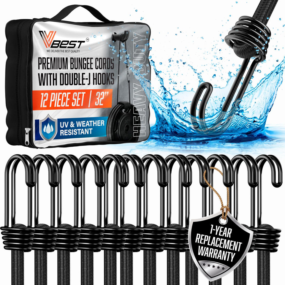 VBEST 32-inch black bungee cords with hooks for secure outdoor storage.