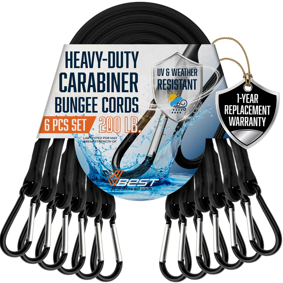 VBEST extra-long bungee cords with carabiner hooks securing cargo for truck trips