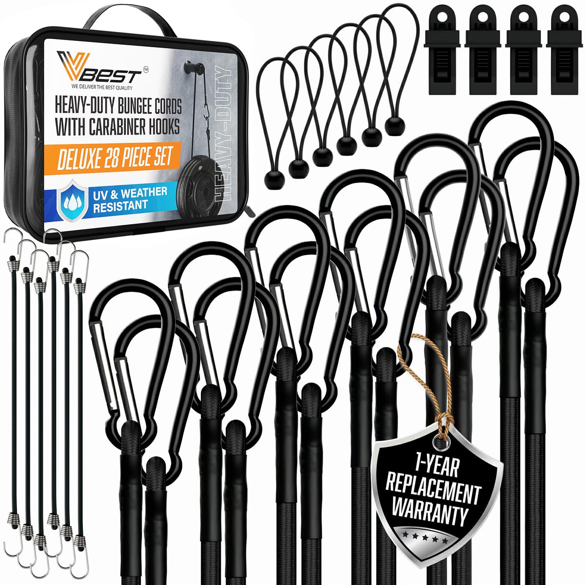 VBEST 72-inch bungee cord with carabiner, ready for cargo securement.