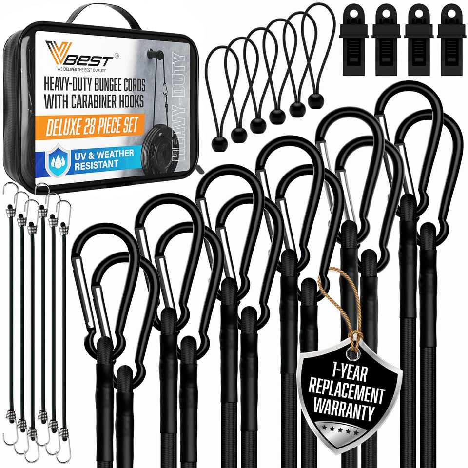 VBEST 72-inch bungee cord with carabiner, ready for cargo securement.