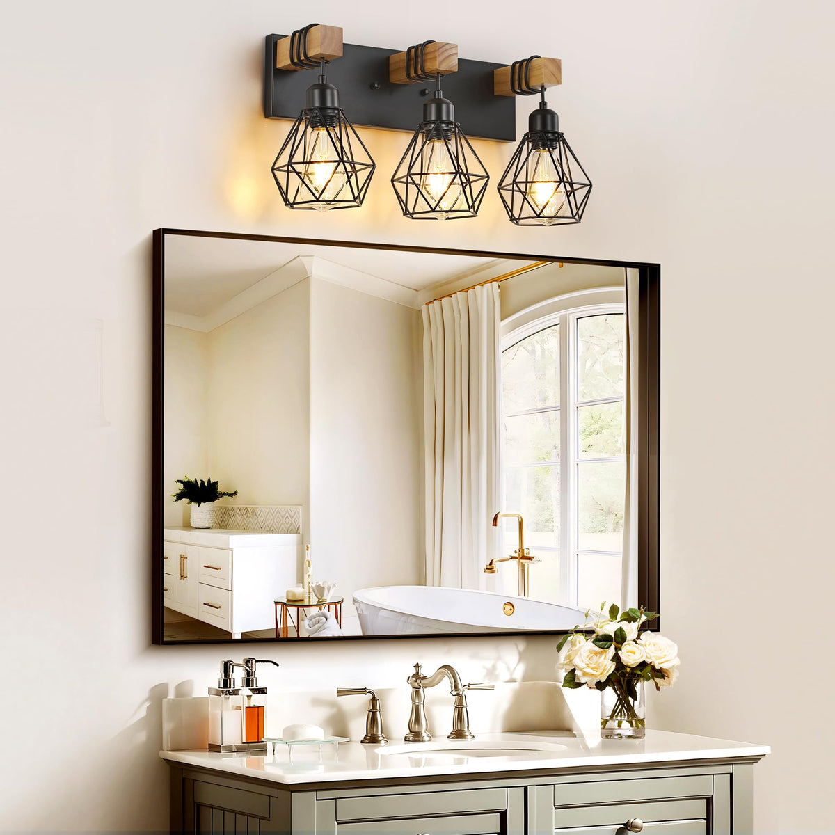 VbiTmn wood-accent bathroom light showcasing rustic texture