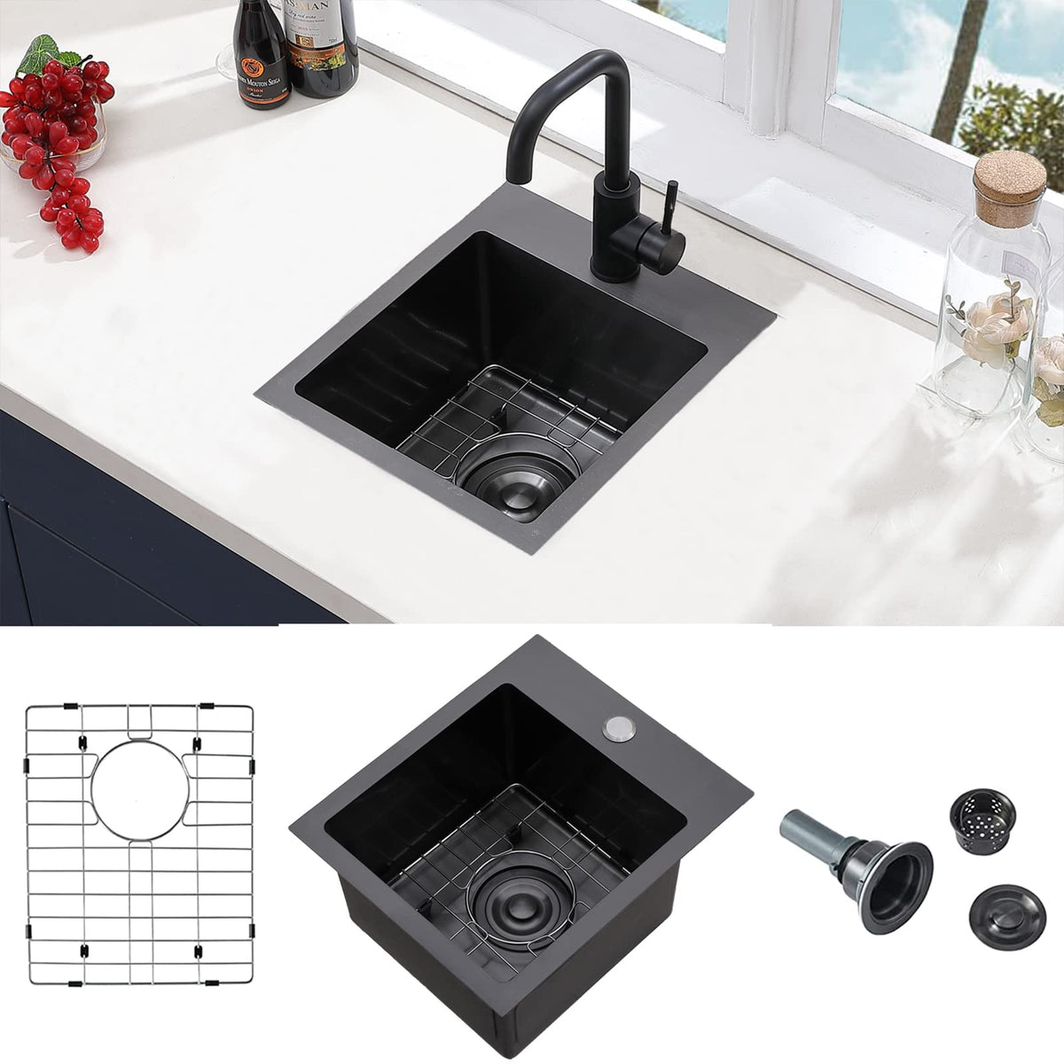 VCCUCINE gunmetal bar sink front view for compact RV kitchens.