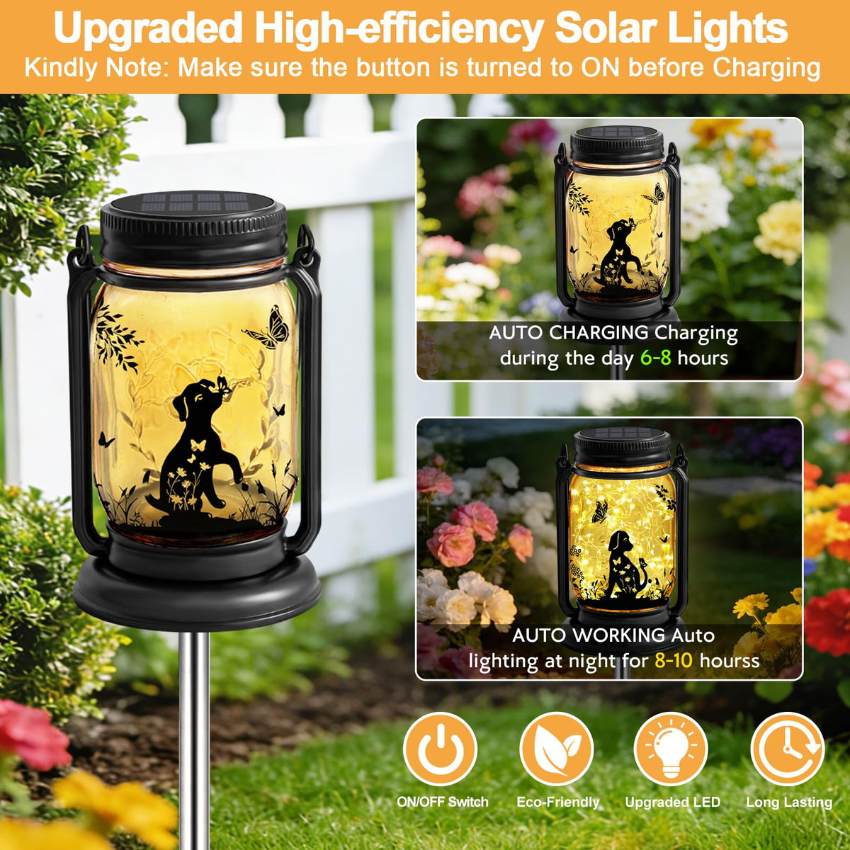 Vcdsoy dog solar lantern glass jar glows softly while weatherproof shell protects components