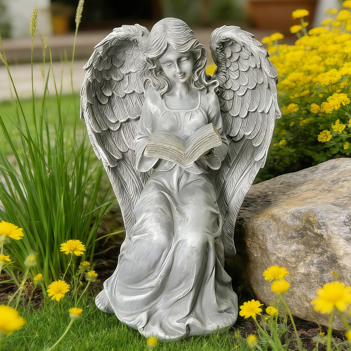 Vcdsoy solar angel statue front view reading a book for garden elegance.