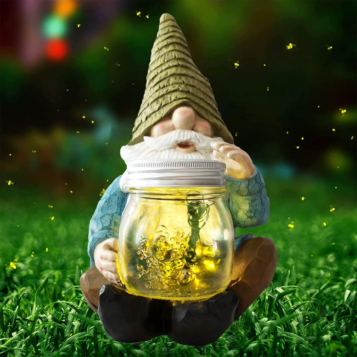 Vcdsoy Solar Firefly Jar Gnome glows softly at night with firefly LEDs.