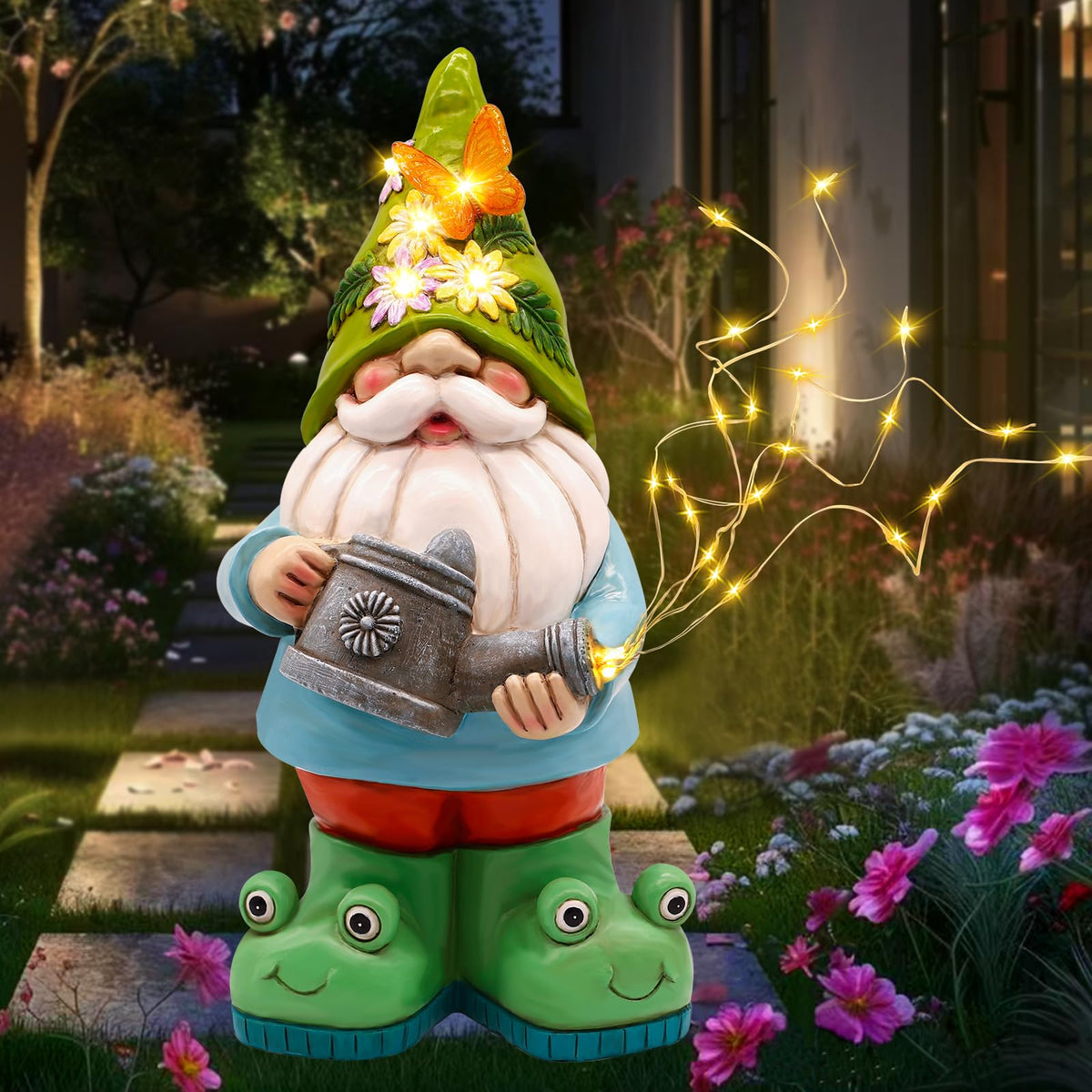 Vcdsoy solar watering can gnome light illuminates gardens with warm glow.