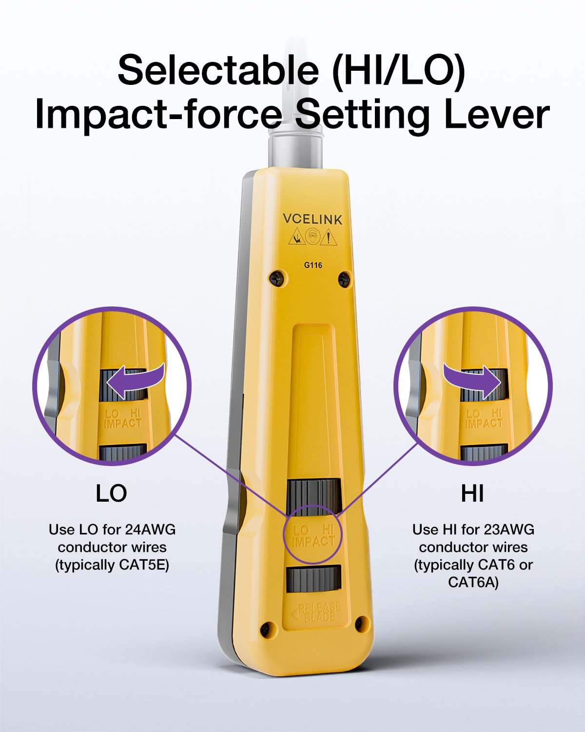 VCELINK keystone punch down tool close-up showing blade heads for reliable terminations