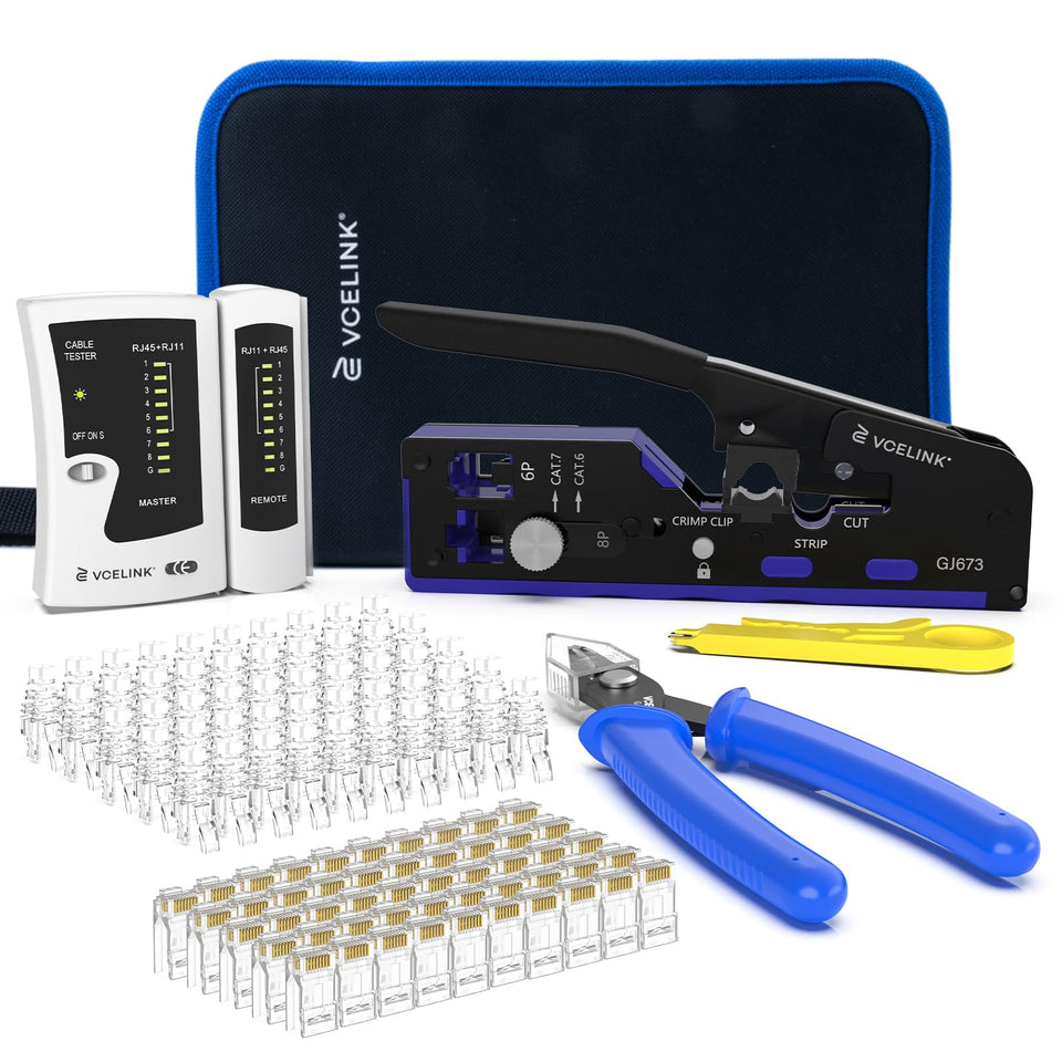 VCELINK RJ45 crimp tool kit cover keeps tools organized for quick projects.