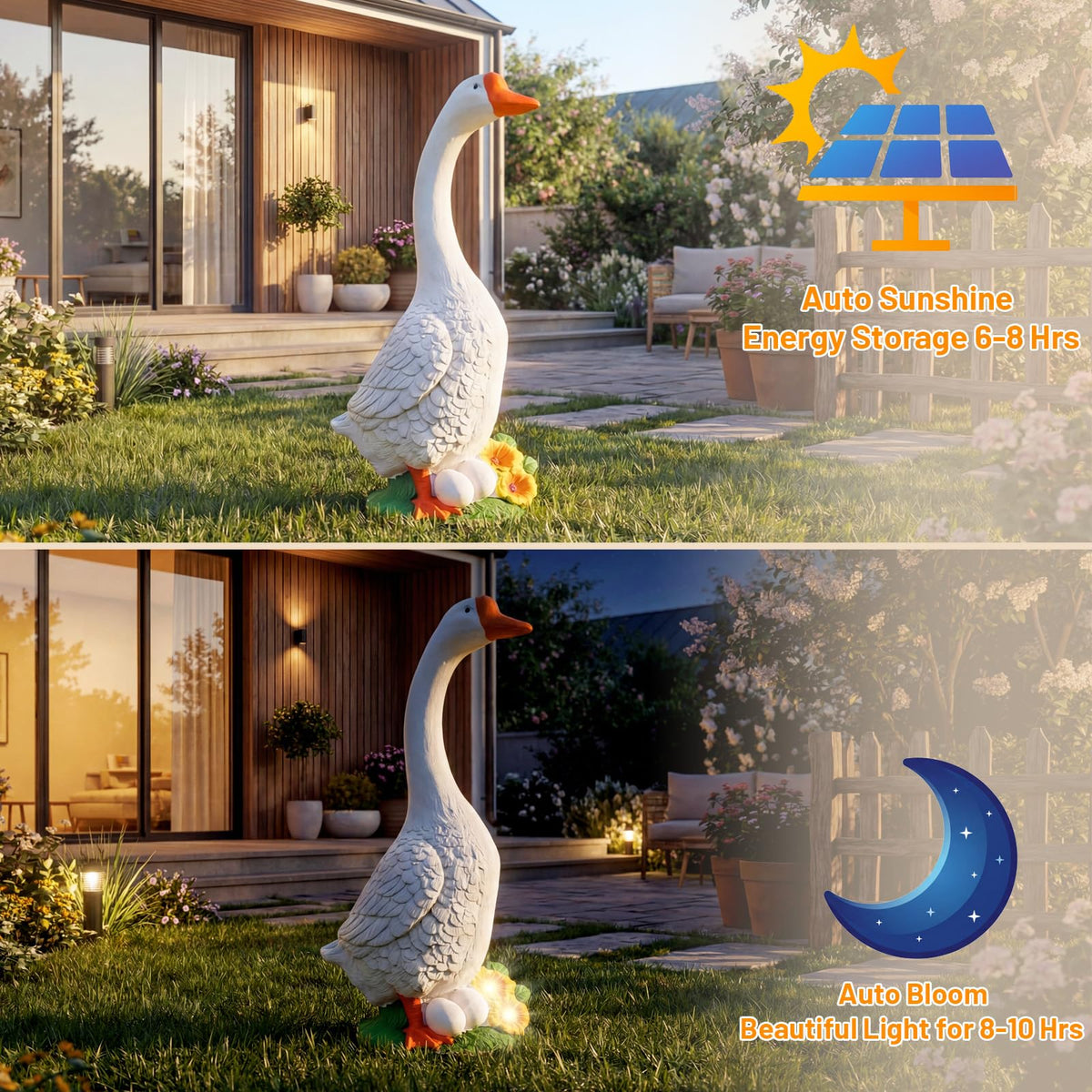 Vchin porch goose statue night lighting offers a soft glow after dusk.