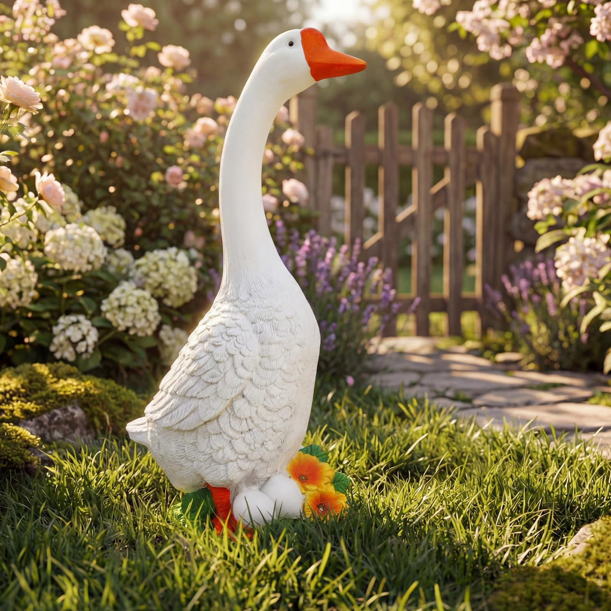 Vchin porch goose statue with stable design for secure outdoor placement.