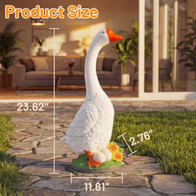 Vchin porch goose statue stores daylight via sun for gentle evening ambience.