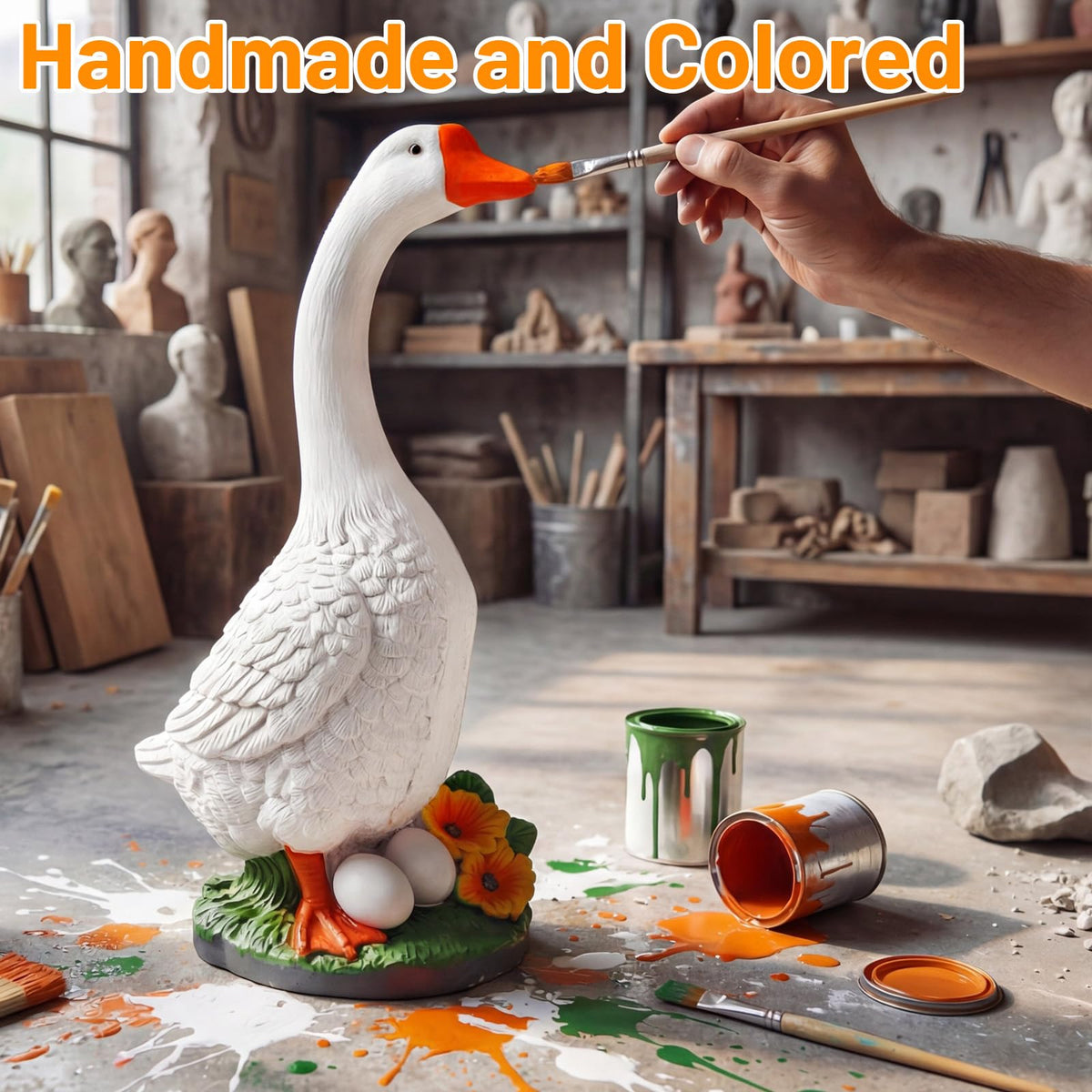 Vchin porch goose statue weatherproof for rain and sun, durable outdoor decor.