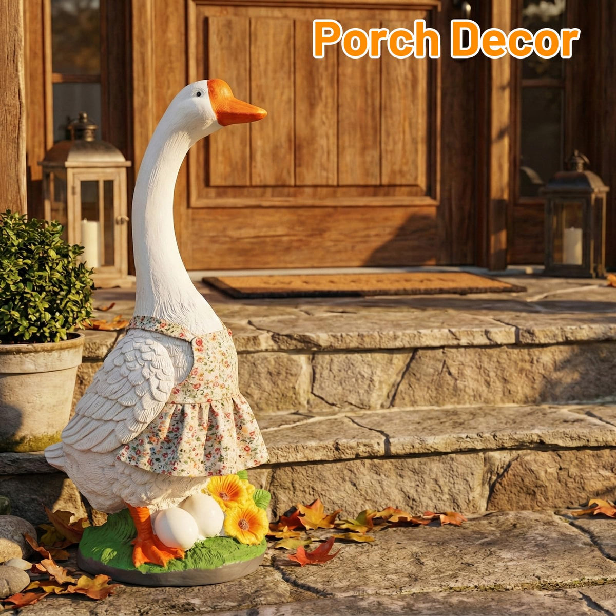 Vchin porch goose statue enhances lawn and garden with playful character.