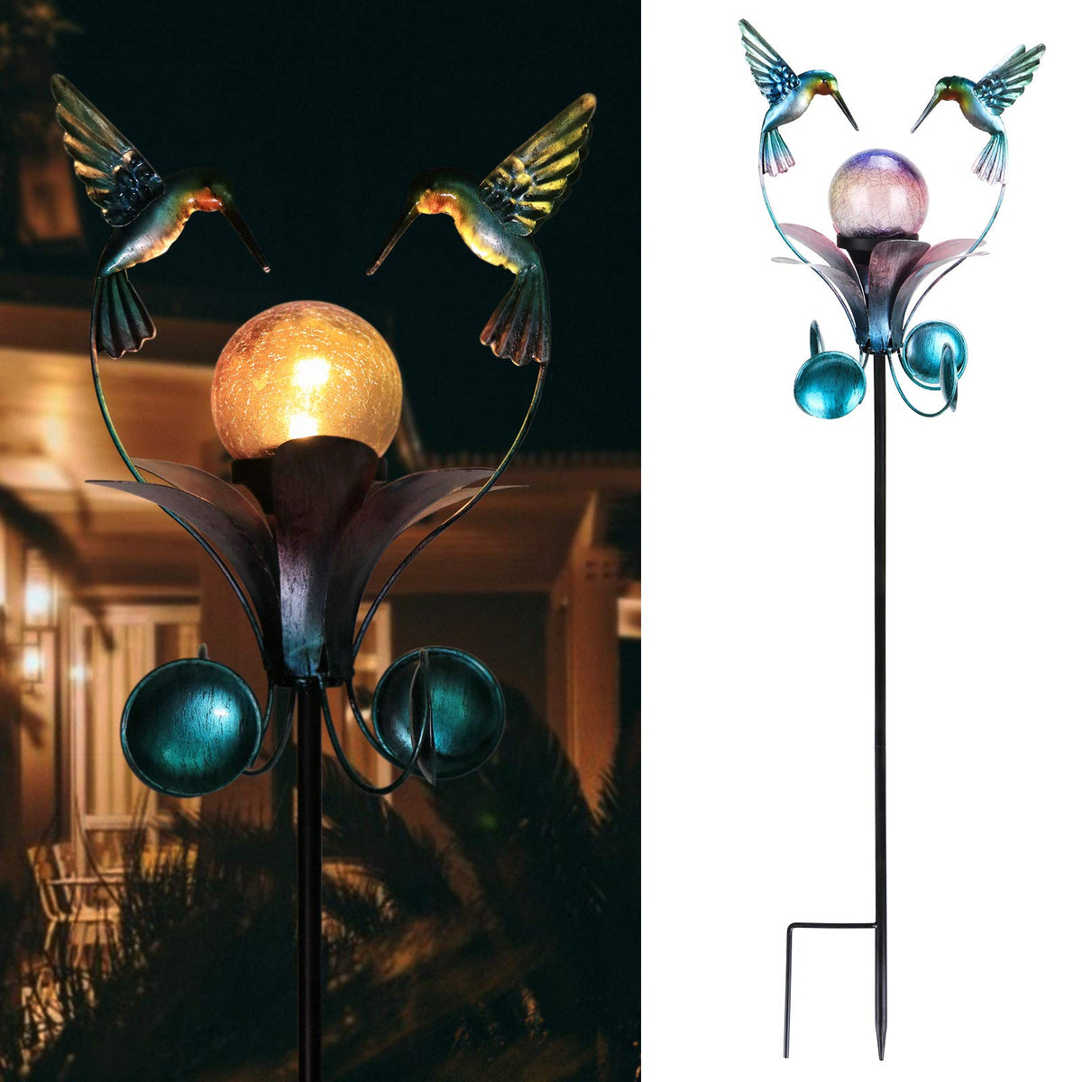 VCUTEKA solar light stake with hummingbird illuminates walkways at dusk.