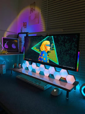 Vcwtty hexagon lights remote control enables easy color and brightness adjustments.