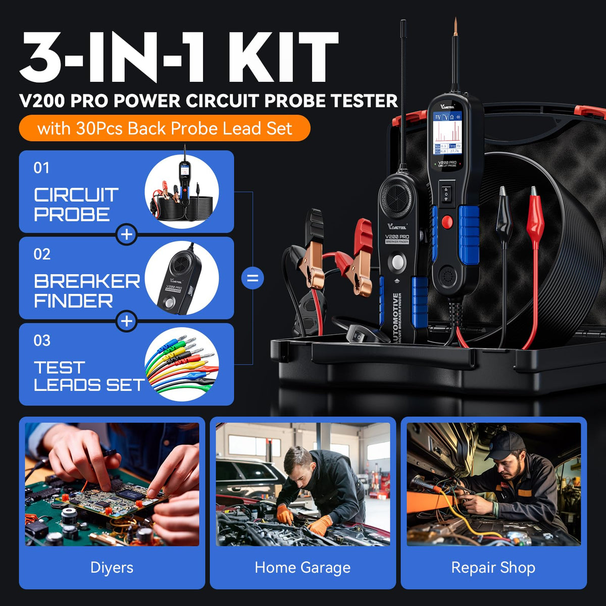 VDIAGTOOL V200 Pro back probe kit assembly enabling precise harness testing.