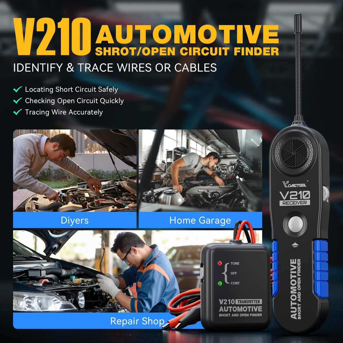 VDIAGTOOL V210 receiver LEDs help pinpoint open or short conditions in wiring.