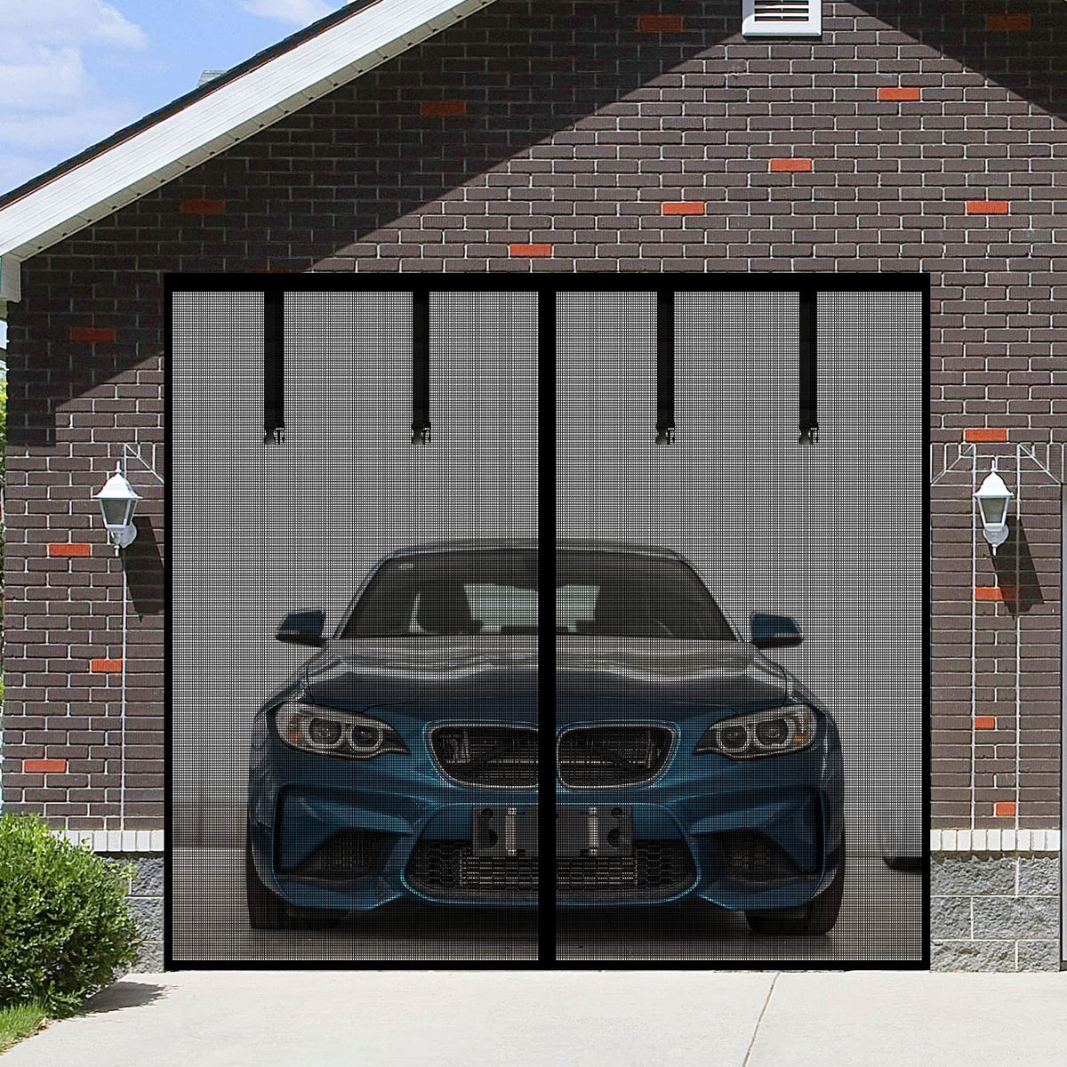 Veanusiver magnetic garage screen door front view showing seamless hands-free entry