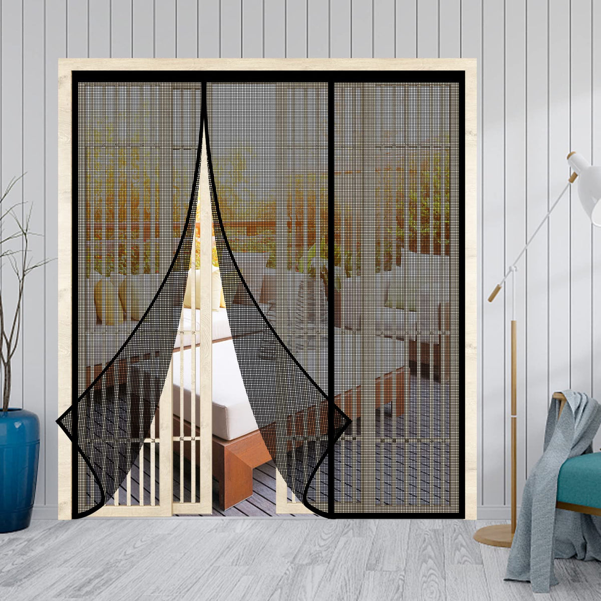 Veanusiver magnetic screen door installed on door frame enabling hands-free entry