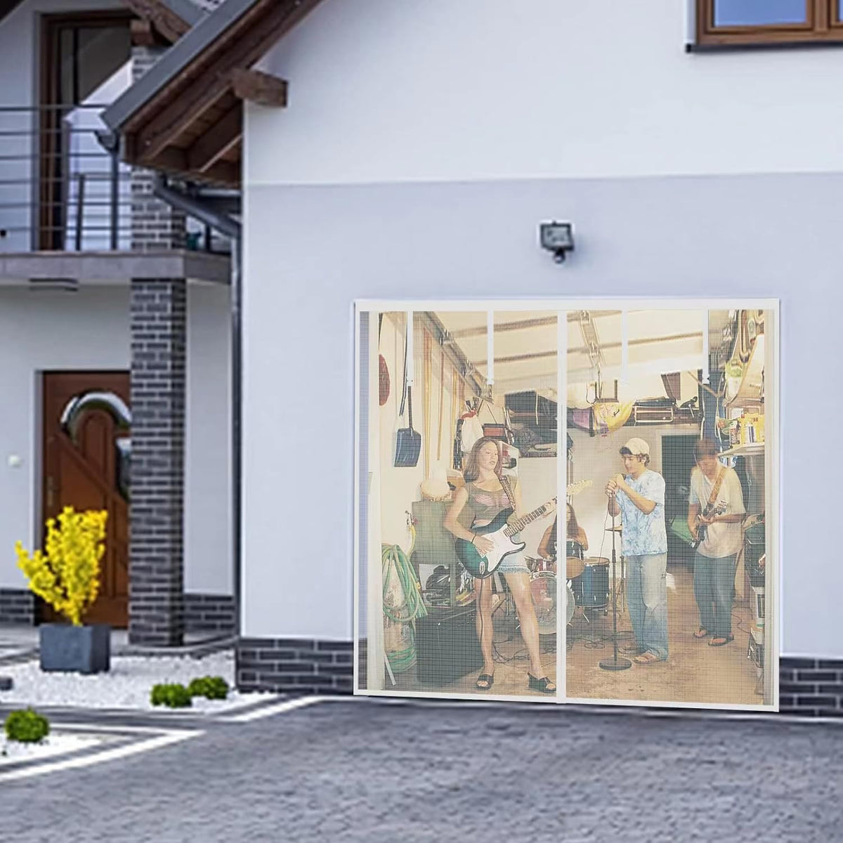 Veanusiver white garage screen deployed on porch enhancing outdoor living