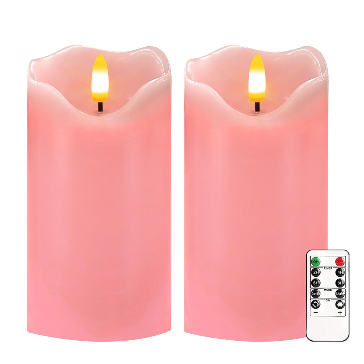 VEEKI pink flameless candles close-up with realistic wax texture and warm glow.