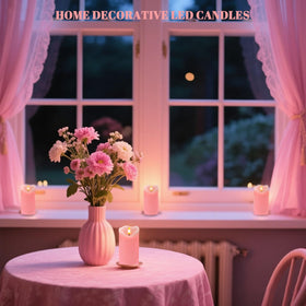 VEEKI pink flameless candles on a dining table create warm, intimate ambiance.