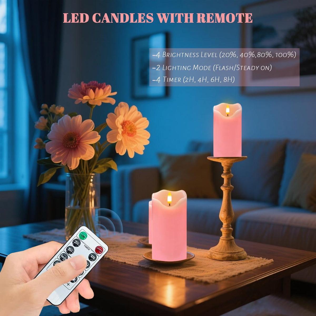 VEEKI pink flameless candles remote control for easy lighting and timing.