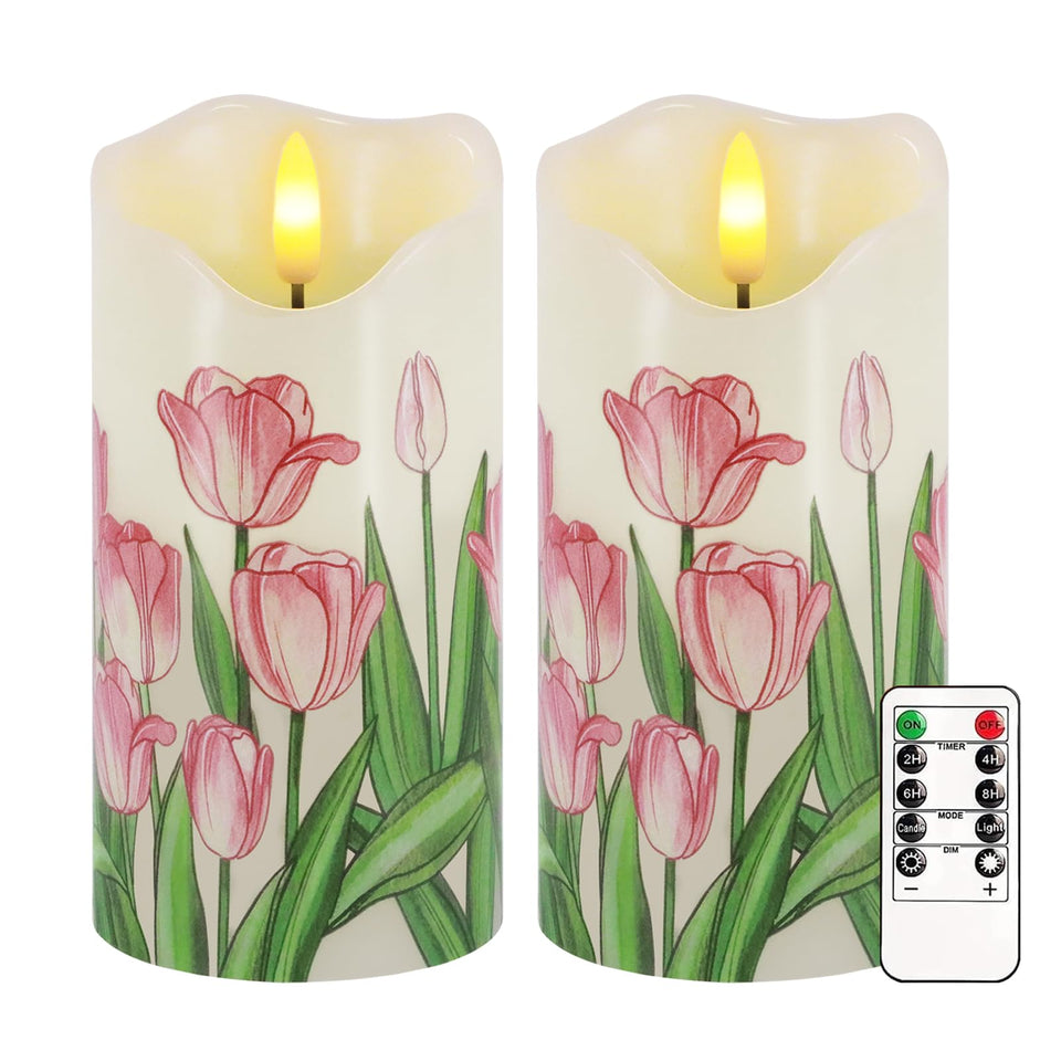 VEEKI Tulip flameless candles with pink tulip pattern create warm, spring ambiance.