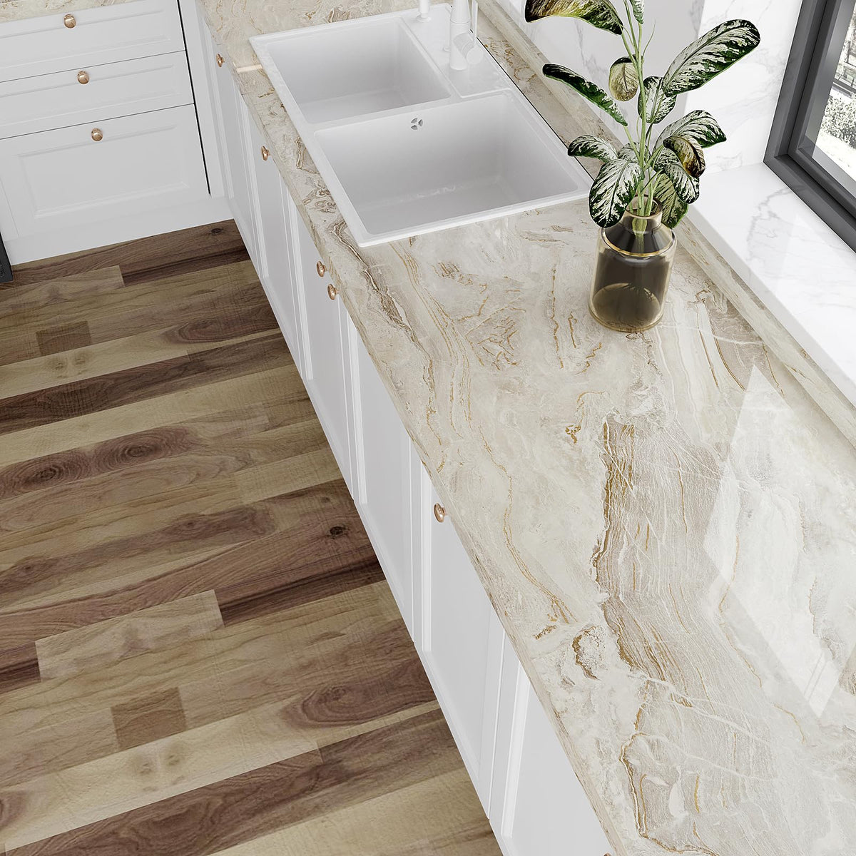 VEELIKE beige gold marble texture close-up highlighting premium surface aesthetics.